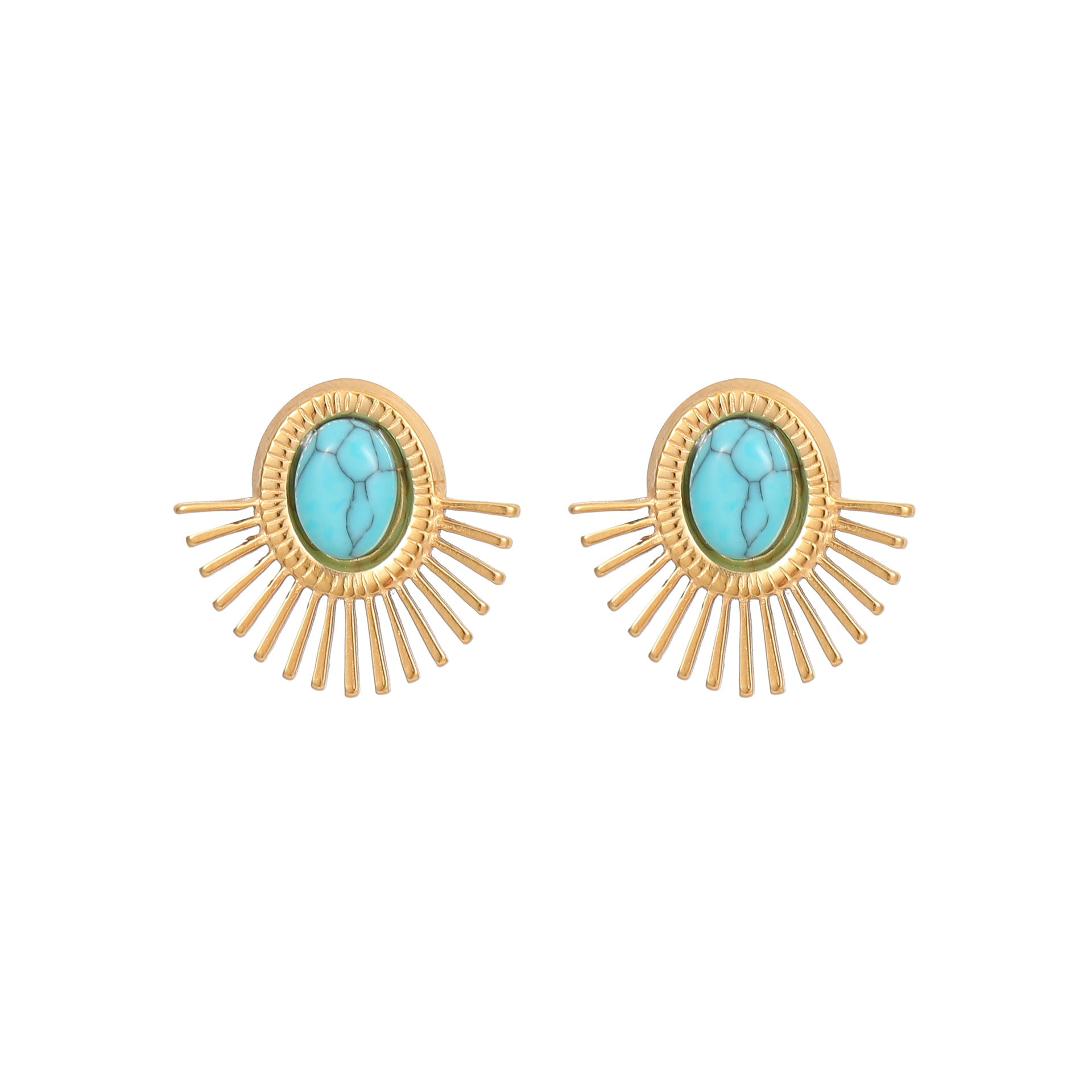 Wholesale Natural Turquoise Fan-shaped Hollow Stainless Steel Earrings